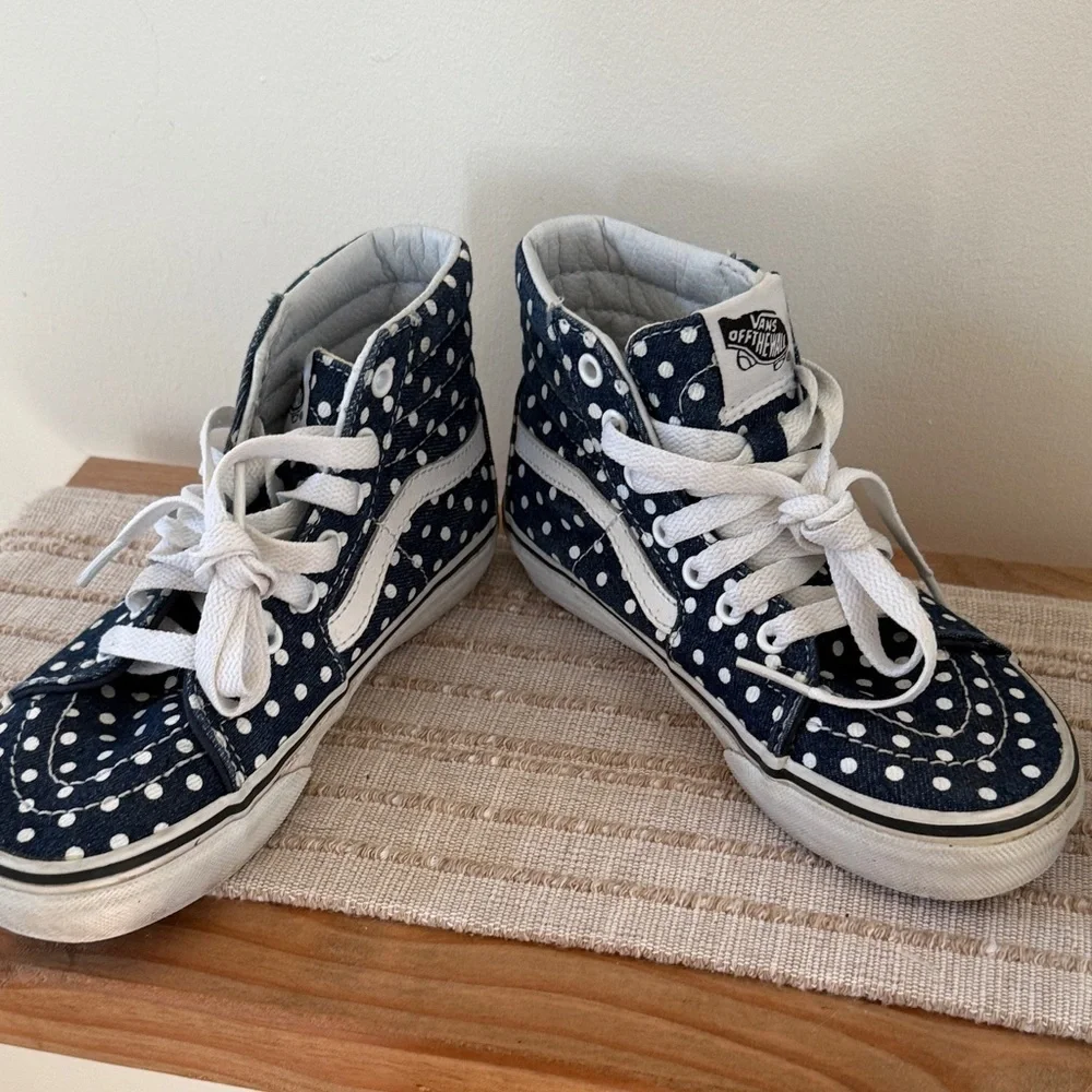 Vans Kids' denim navy and White Polka Dot Sneakers size 1 kids youth high top